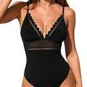CUPSHE Women's One Piece Swimsuit Scalloped V Neck Bathing Suit Mesh Cutout Adjustable Straps Spaghetti Textured Sexy L
