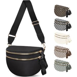 Spacious Nylon Checkered Crossbody Bum Bag for Women, Fashion Checkerboard Fanny Pack Purse with Anti-theft Pocket, Adjustable Wider Strap Wasit Bag (Black)