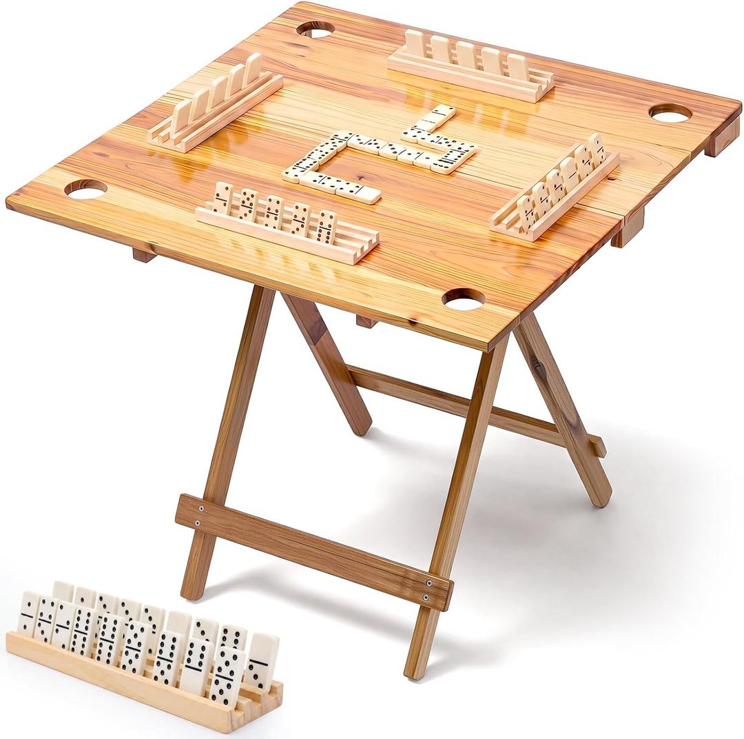 Folding Wooden Domino Table with 4 Tile Racks and Cup Holders, 30.7 x 30.7 x 27.6 inches