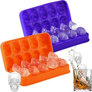 Hoolerry 2 Pack Silicone Skull Ice Cube Maker Mold Flexible Skull Ice Cube Tray for Whiskey Baking Chocolate Candy Resin(Orange and Purple)
