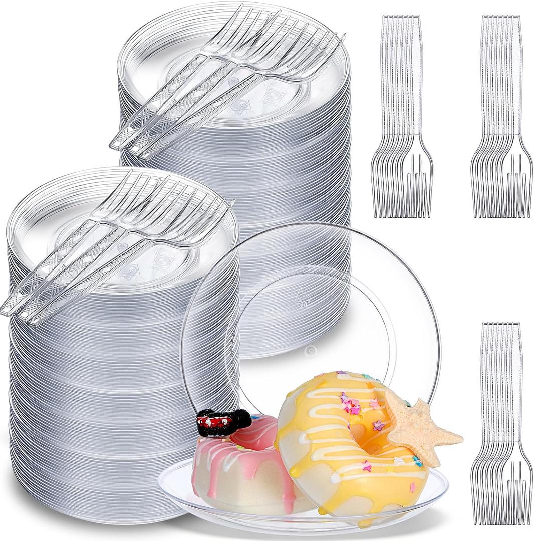 240PCS Silver Dessert Plates with Forks, Disposable Dessert Plates 6.2" with Plastic Forks 5.1", Round Clear Plastic Dishes Appetizer Plate for Party Wedding Catering Buffet Events
