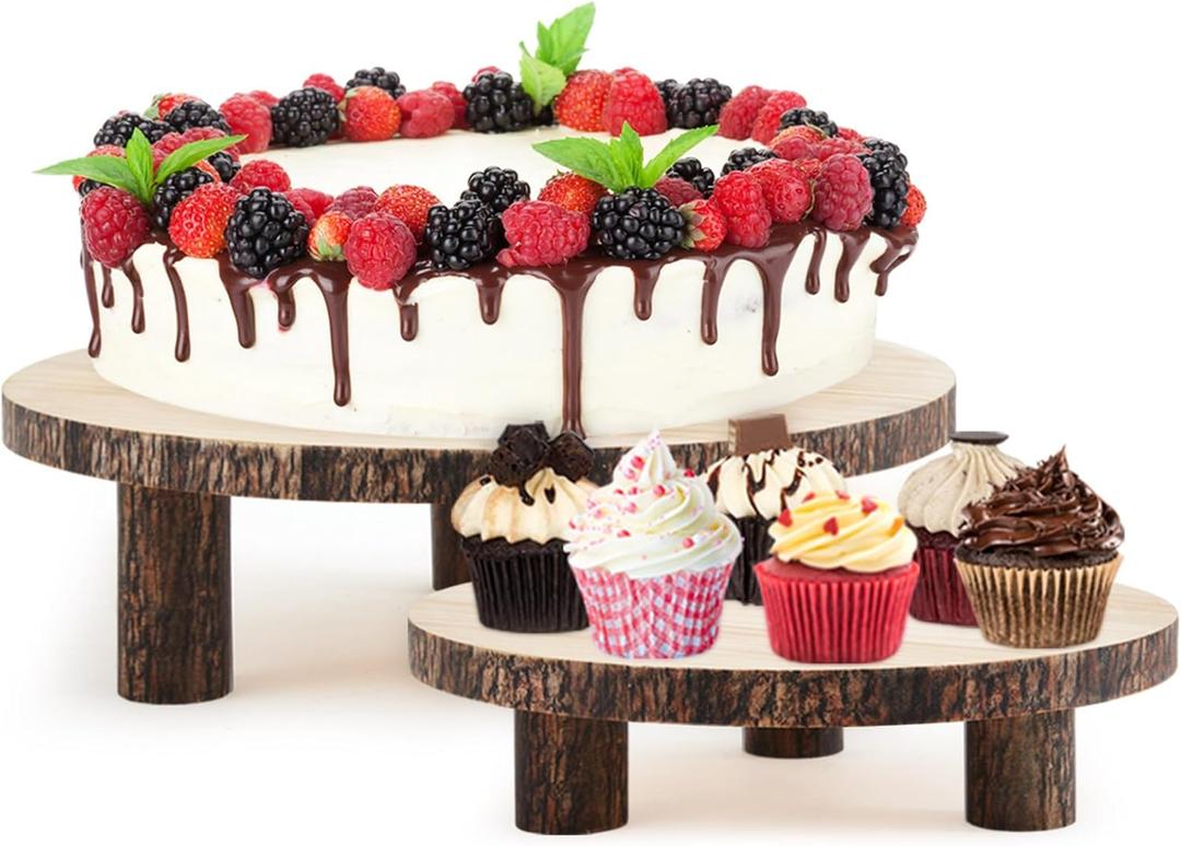 Roowest 2 Sets Wood Cake Stand, 9'' and 10'' Rustic Wooden Slice Boards Round Cake Holder for Party Wedding Birthday Event Farmhouse Dining Room Table Decor Centerpieces Home Decorations