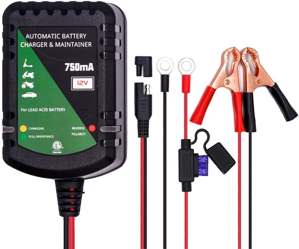 12 Volt Battery Charger 750mA Automatic Battery maintainer trickle Battery Charger Smart Float Charger for Automotive car Motorcycle Lawn Mower Boat ATV Sealed Lead Acid Batteries