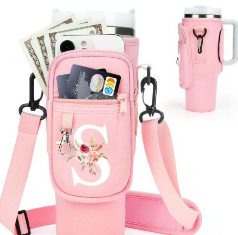 Initial Water Bottle Holder with Strap for Stanley 40 oz Tumbler/Simple Modern 40 oz Tumbler,Water Bottle Carrier Bag with Strap,Personalized S Phone Pocket for Stanley Cup Accessories