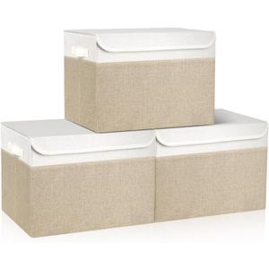 Large 17" 42 Quarts Collapsible Stackable Storage Bins with Lids [3-Pack] Foldable Fabric Linen Storage Boxes Cube, Closet Organizer Baskets with Label (16.7 x 12 x 12, Beige & White)