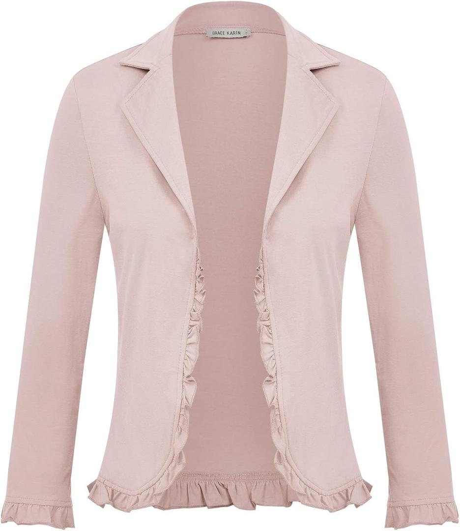 GRACE KARIN Women 3/4 Sleeve Cropped Blazer Lightweight Open Front Cotton Cardigan Jacket for Business Casual Work (X-Large)