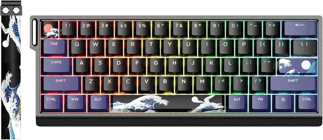 HITIME x XVX 60% Percent Keyboard with Strap, H61 Wired Aluminum Gaming Keyboard, Hot Swappable, Kanagawa Anime PBT Keycaps, RGB Backlit, Cherry Profile, Sound Absorbing Pads, Creamy Linear Switch