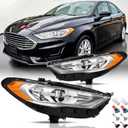 Headlights Assembly Pair with Bulbs for 2017 2018 2019 2020 Ford Fusion Halogen Head Lights Headlamps w/LED DRL Replacement Driver and Passenger Side,Chrome Housing Amber Reflector