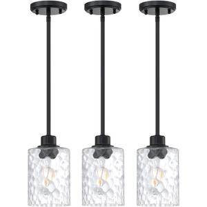 3 Pack 1 Light Modern Globe Hanging Pendant Light Clear Hammer Glass Chandelier Shade Fixture Fixture,Black Finish Kitchen Island,Dining Room (4.75'' Black)