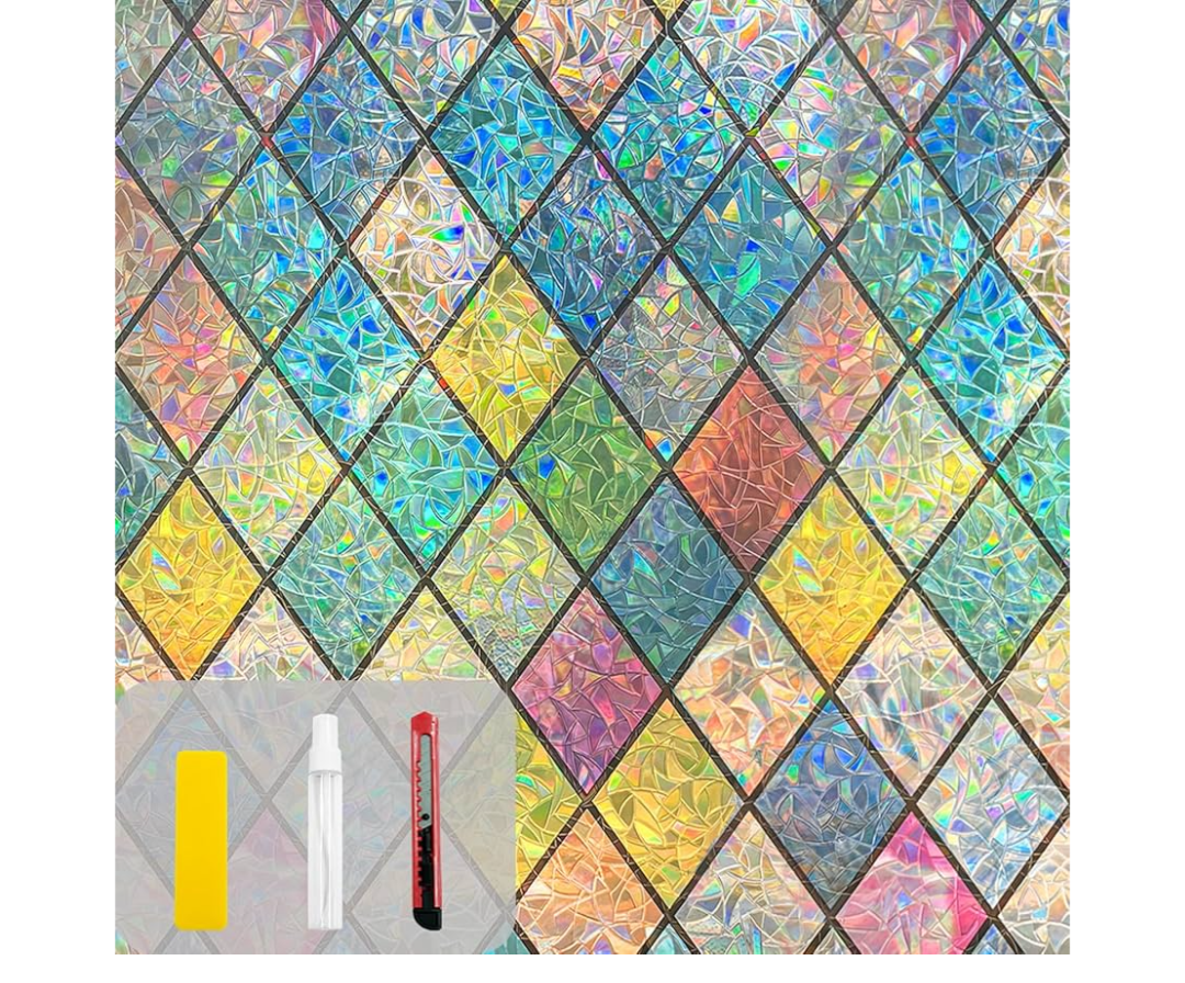 Countewol Rainbow Privacy Window Film Stained Glass Window Film That is Adhesive-Free, Residue-Free, Reusable, and Easy to Install with Tools. (Rainbow, 35.4 X 78.7 in)