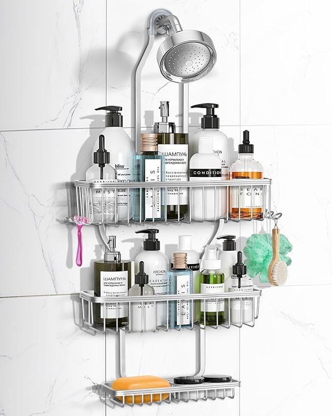Shower Caddy Hanging - Never Rust Shower Hanging Organizer - Aluminum Over the ShowerHead Caddy with Soap Basket and 6 Hooks for Razor/Sponge (Silver)