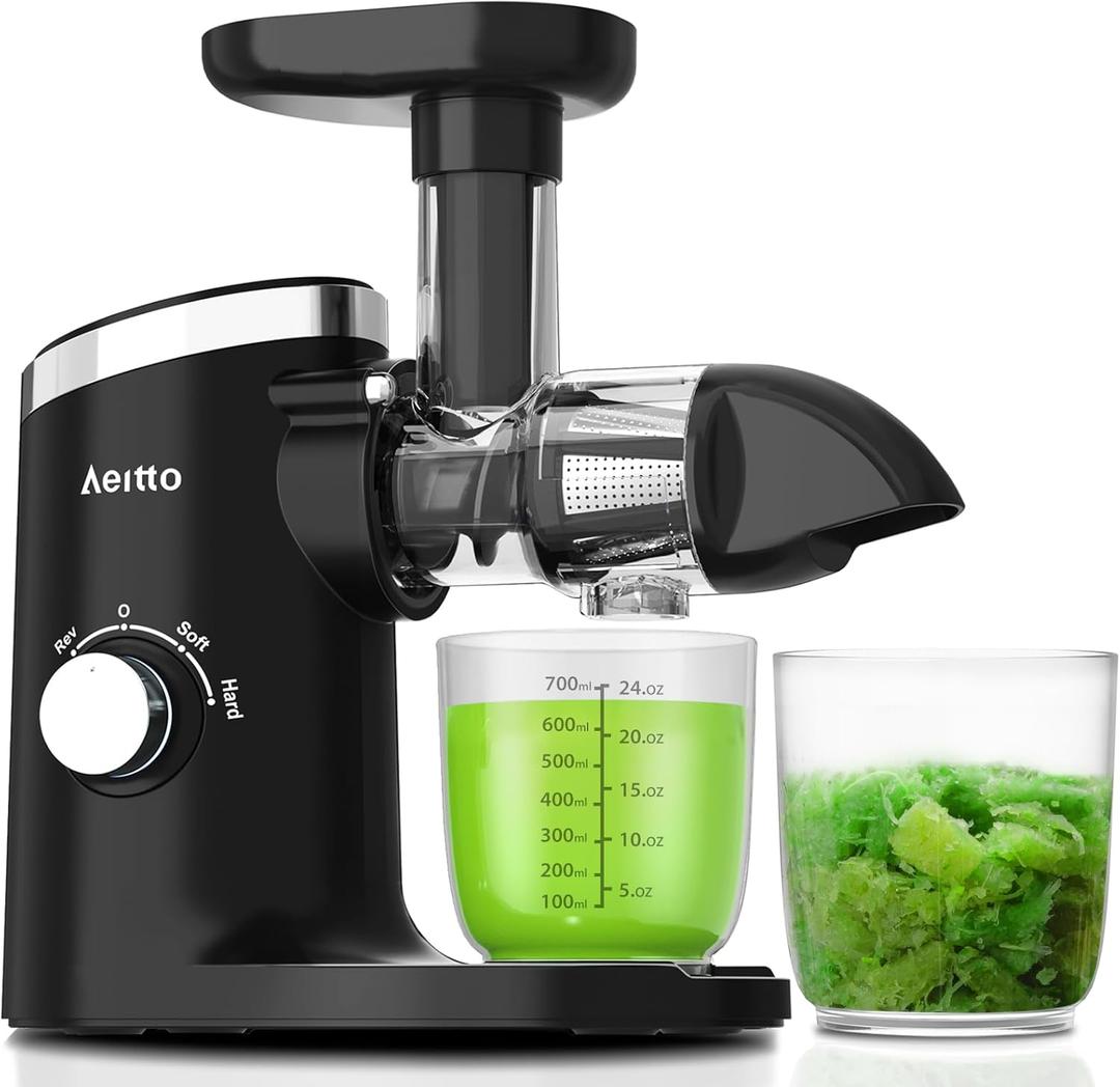 Aeitto Juicer, Cold Press Juicer with Soft & Hard Modes, Quiet Motor, Reverse Function, Juicer Machines Vegetable and Fruit, Juice Extractor machine, Easy to Clean with Brush, Black (Medium)