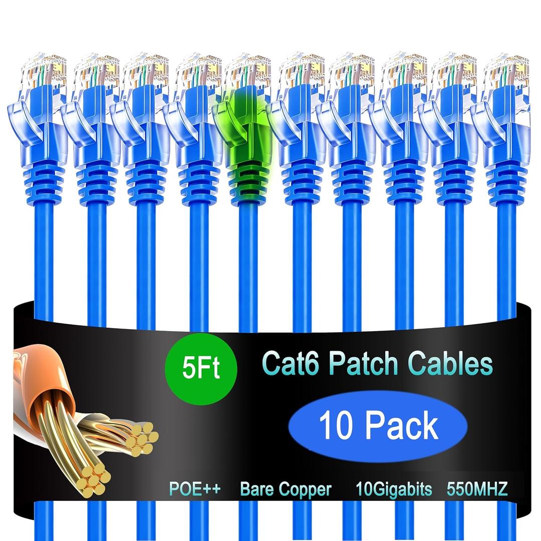 Cat6 Ethernet Patch Cable 5 ft (10 Pack), Cat6 Data Center & Home/Enterprise Network Cable - Blue