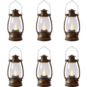 Mini Lanterns Pack of 6 LED Small Lanterns Decorative Indoor Outdoor Hanging Lantern Decorative Candle Lanterns Farmhouse Decor for Weddings Western Camping Party Halloween Christmas Decorations (Brushed Brown)