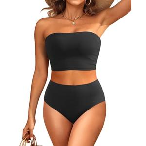 Tempt Me Women Black Bandeau Bikini Set Strapless High Waisted Two Piece Swimsuit Longline Bathing Suits XL