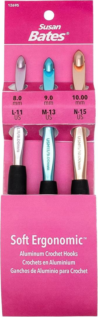 Susan Bates Silvalume Soft Ergonomic Crochet Hook Set - Sizes L11/8mm, M13/9mm, and N15/10mm