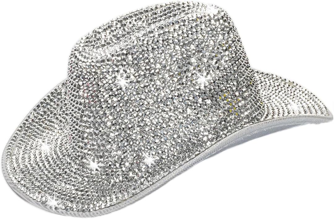 Silver Rhinestone Western Cowboy Hat for Womens - Glitter Cowgirl Hat for Disco Parties and Costumes