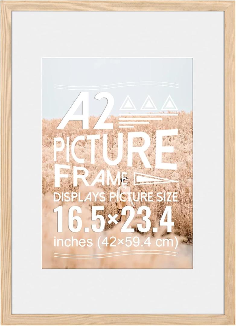 A2 Poster Frame, A2 Picture Frame (16.5 x 23.4 inches), Solid Wood Natural Wood Poster Frame-Horizontal and Vertical Wall Hanging for Home, Exhibition, Caffe(Natural)