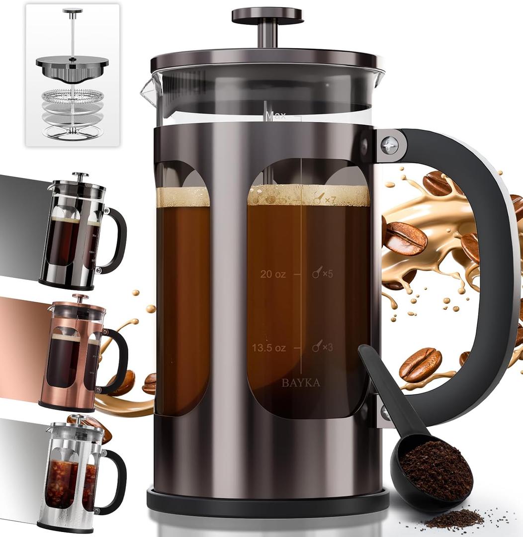 BAYKA French Press Coffee Maker 34 Ounce 1 Liter, Borosilicate Glass Stainless Steel Brewer, Large Portable Cold Brew Cafetera Teapot for Kitchen Travel Camping Coffee Bar Accessories, Dark Pewter