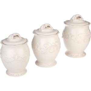 Firenze Ivory 3-Piece Ceramic Canister Set with Lids  Elegant Kitchen Storage Jars for Flour, Sugar, Coffee or Tea  Vintage White Countertop Dcor for Farmhouse or French Country Homes