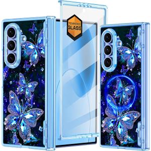 for Galaxy Z Fold 7 Case,[Compatible with MagSafe][Glow in The Dark][Front Screen Protector][Stand][Hinge Protection],Slim Fit for Women Girls for Samsung Galaxy Z Fold 7,Blue
