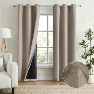 Melodieux 100% Blackout Linen Textrued Curtains for Living Room, Full Light Blocking Thermal Insulated Grommet Curtain Drapes with Black Back for Bedroom, 42 x 84 Inch, Tan (2 Panels)