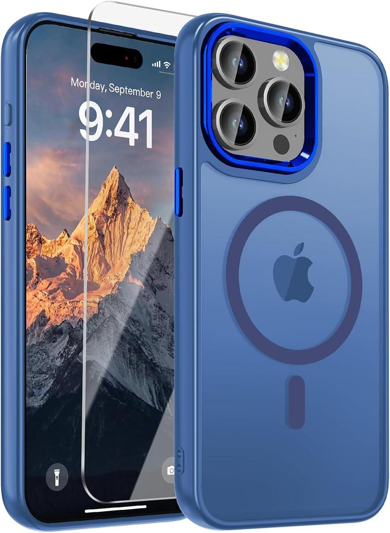 WRJ Case for iPhone 15 Pro Max with Screen Protector, Magnetic Translucent Phone Case for Women Men [Compatible with Magsafe] Slim Anti-Fingerprints Shockproof Protective Cover-Blue