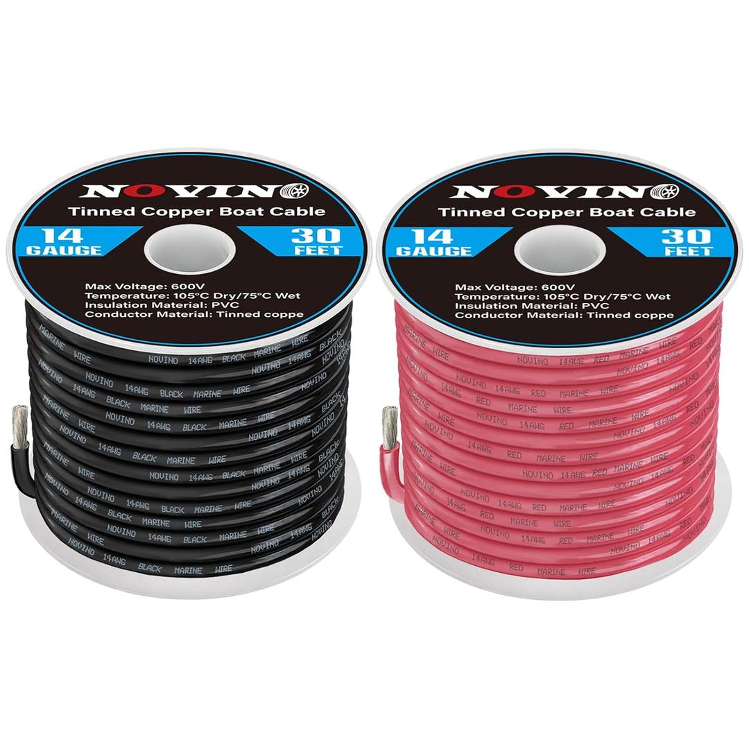 14 Gauge Marine Wire 14 AWG Marine Grade Wire Include 14 Gauge 30FT Red & 30FT Black,14AWG Oxygen-Free Tinned Copper Electrical Cable for Automotive Boat Outdoor RV Camper