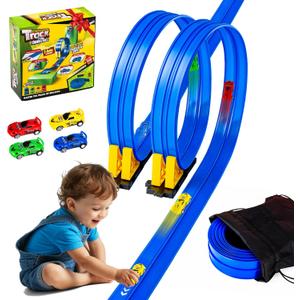 Flex Tracks 16.4 Ft Flexible Race Track for Kids 3+, Portable DIY Roll-Up Race Car Track Compatible with Diecast 1/64th Cars Stocking Stuffers Birthday Gifts for Boys Girls Ages 3 4 5 + (Blue)