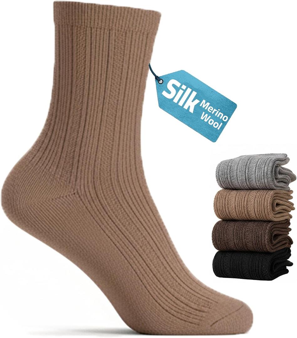 Merino Wool & Silk Blend Boot Socks Women Soft Crew Socks Comfort Breathable Daily Wear 4-Pack