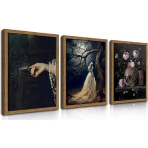 Gothic Canvas Wall Art Set of 3 Dark Goth Wall Decor Dark Gothic Halloween Room Decor Victorian Witchy Poster Prints Aesthetic for Bedroom Bathroom Living Room Framed 16X24 Inch (Black)