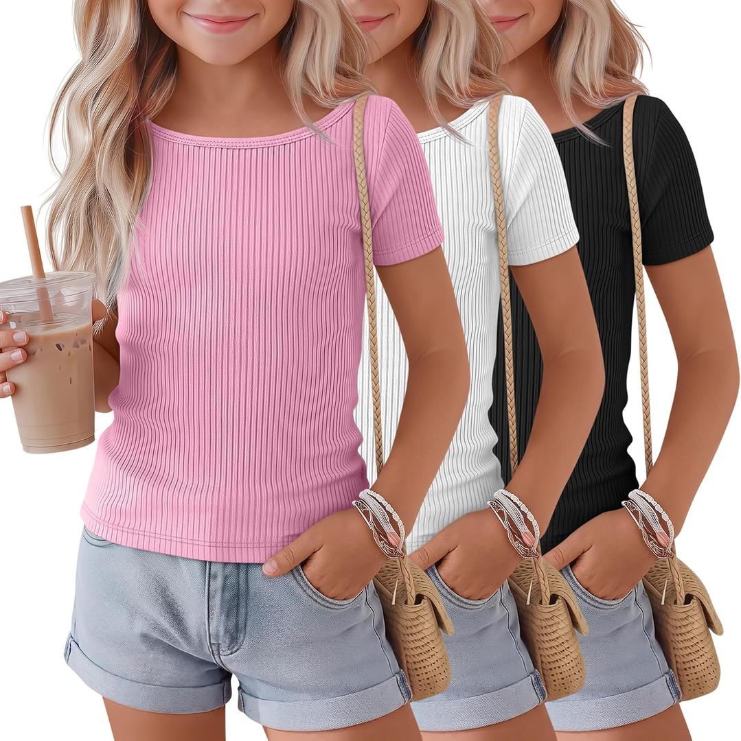 3 Pack Girls Shirts Cotton Basic Tees Ribbed Knit Slim Fit T Shirts Boat Neck Tops Casual for Kids Ages 5-14