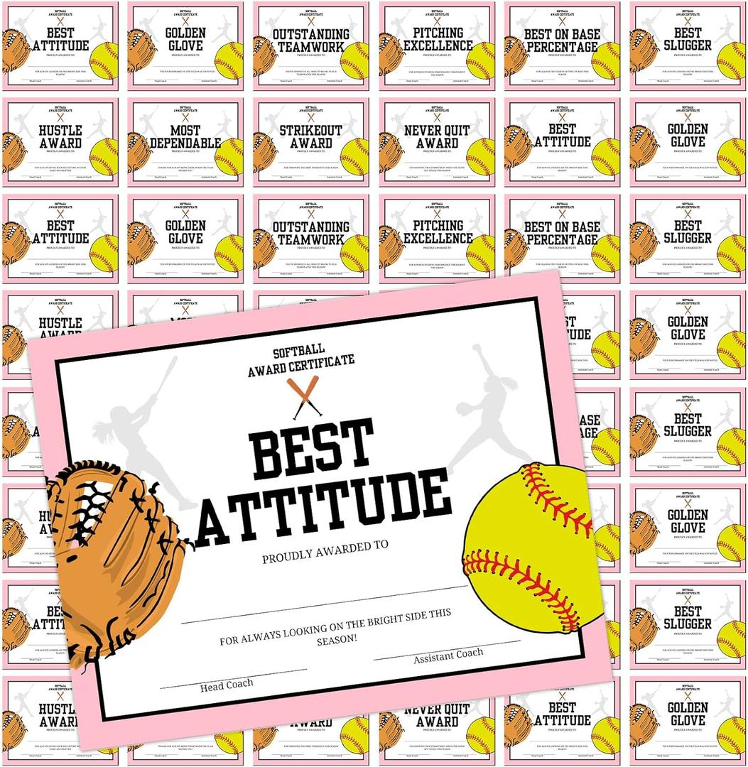 Tenare 60 Pcs Softball Achievement Awards Certificate End of Season Sports Softball Certificate of Appreciation for Teachers Employees Sports Team Gifts Party Celebrate Supplies, 8 x 10 Inches