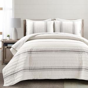 Lush Decor Farmhouse Stripe Reversible Cotton Quilt California King Size 3 Piece Set Gray - Farmhouse Bedding Set - Cal King Quilt - Striped Bedding