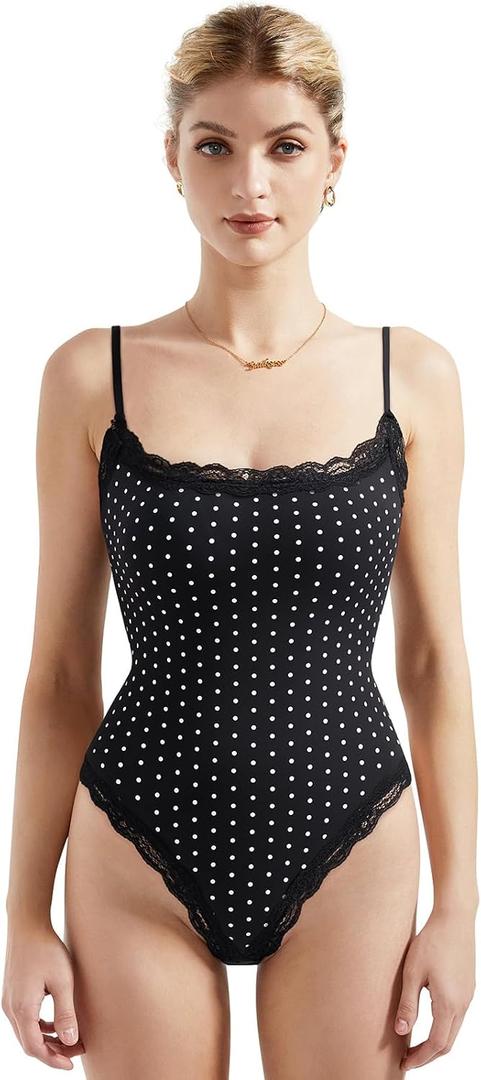 SUUKSESS Women's Square Neck Lace Bodysuit Sleeveless Spaghetti Strap Tank Top, Medium 