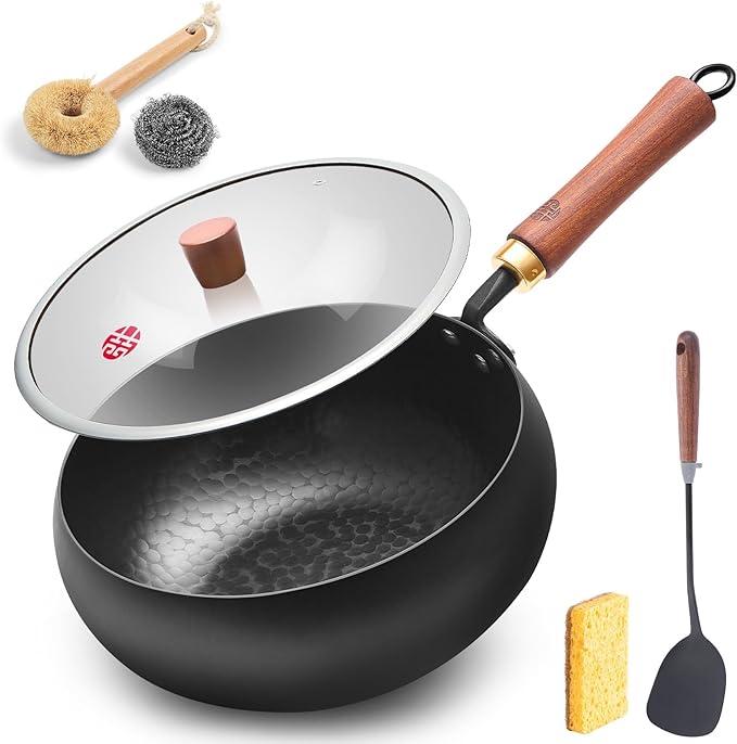 WANGYUANJI Carbon Steel Wok Pan Flat Bottom Iron Stir Fry Pan Induction Cookware 9.5 Inch Uncoated Small Traditional Skillet with Lid