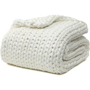 YnM Cooling Weighted Blanket, Handmade Chunky Yarn Knitted Design, Temperature Regulating and Breathable, Machine Washable Throw for Sleep or Home Decor (White, 50x60 Inch, 10lbs)