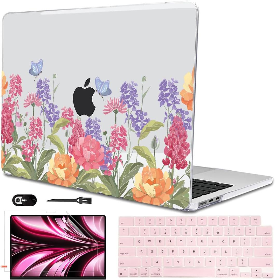 Compatible with MacBook Air 13.6 inch Case 2025 2024 2023 2022 Release A2681 A3113 A3420 Cover M4 M3 M2 Chip, Pattern Plastic Hard Shell Case Screen Film Keyboard Skin, Pink & Purple Flowers