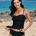 Shuangyu Two Piece Swimsuit for Women, Ruched Tummy Control Tankini Sets with Twist Front, Modest Bathing Suits for Beach (Black, S)