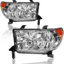 Headlight Assembly for 2007-2013 Toyota Tundra & 2008-2017 Toyota Sequoia 2PC Replacements Headlamp Chrome Housing Amber Reflector