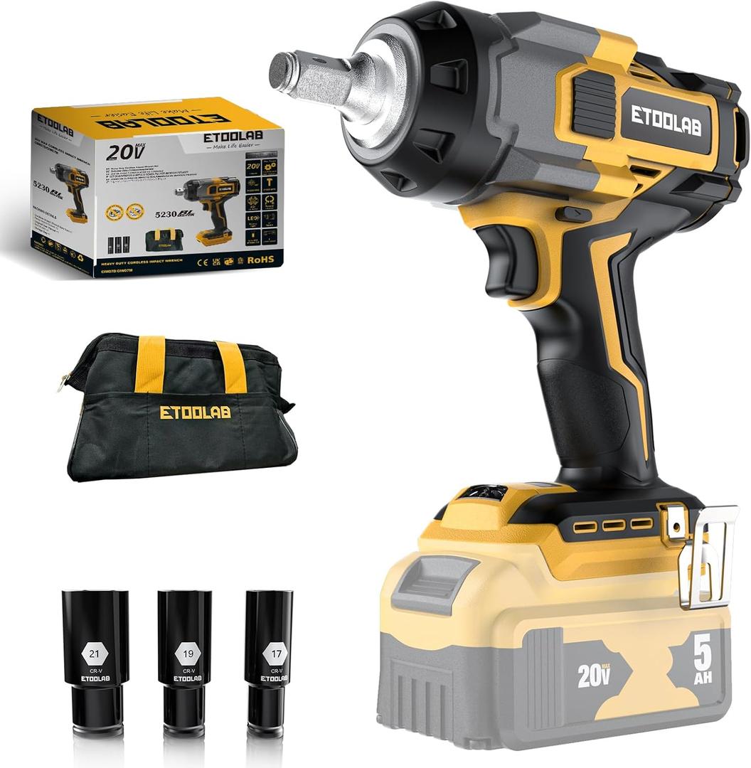 Impact Wrench 1/2 inch for DeWalt 20v Battery, Impact Wrench 750Ft-lbs(1000N.m) High Torque Brushless Electric Impact Gun, Power Impact Driver with 3-Mode Speed, LED Work Light(no battery) (Yellow)