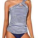 Tempt Me White Blue Stripe Two Piece Tankini Bathing Suits for Women One Shoulder Swim Top with Bottom Swimsuits XL