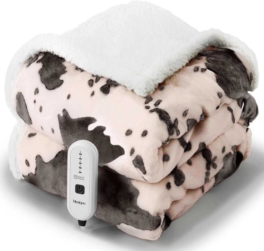 Cow Print Heated Throw Blanket Electric Blanket-Heating Blanket Throw with 5 Heat Levels & 4 Hours Auto-Off, Cozy Soft Fleece Sherpa, Washable, 50 x 60 Inches Cow Print Light Coral (08 - Taupe Ombre-light Coral)