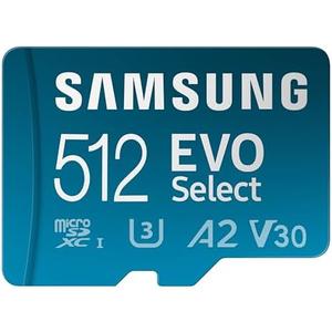 Samsung EVO Select microSDMemory Card + Adapter, 512GB microSDXC, Up-to 160 MB/s, 4K UHD, UHS-I, C10, U3, V30, A2, for Mobile Phone, Smartphones, Nintendo-Switch, and Tablets (MB-ME512SA/AM)