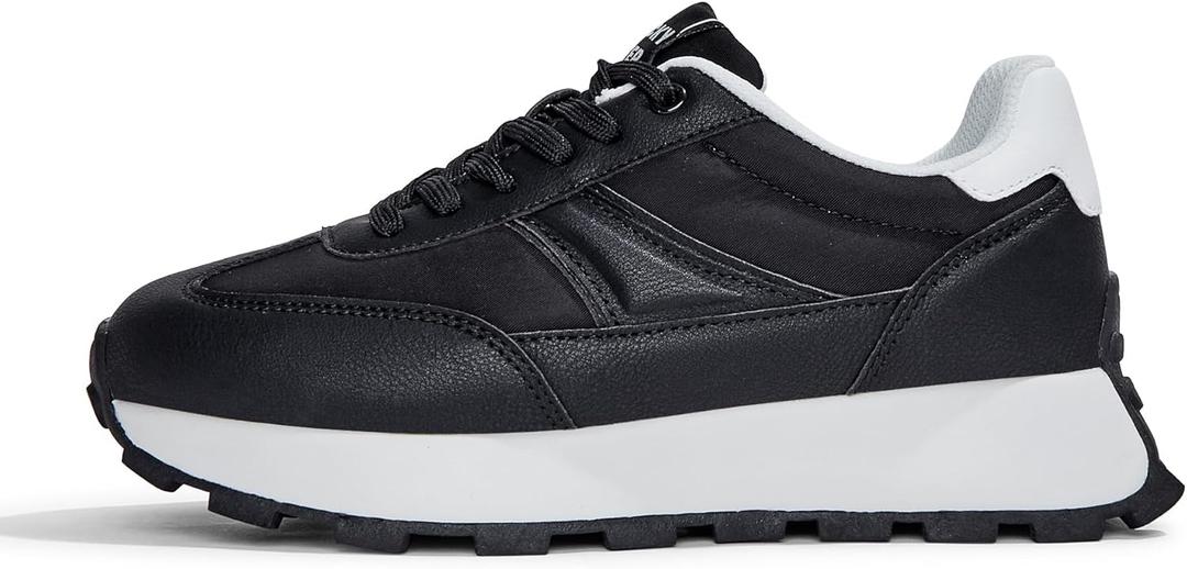 LUCKY STEP Women's Platform Retro Sneakers Classic Trainers Casual Footwear Tennis Running Chunky Lace-up Stylish Walking Shoes(Black, 7.5)