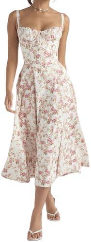 CHARTOU Women's Spaghetti Strap Midi Dress Sleeveless Square Neck Dress Floral Split Cottagecore Dress, Medium