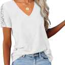 Eachyes Womens Lace Short Sleeve V Neck T Shirts Summer Casual Tops Loose Fit Tees Blouses