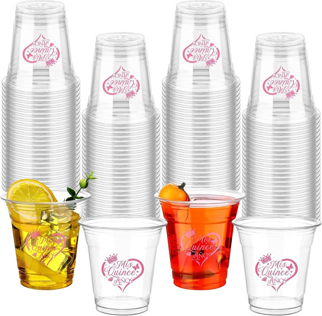 Furbeko 100 Pcs Quinceaera Plastic Cups Bulk 10oz Disposable Mis Quince Anos Clear White Reception Cup Sweet Party Favors for Guests