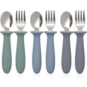 6 Pieces Toddler Utensils, Kids Safe Spoons and Forks, Children Silverware Set with Silicone Handle, 18/8 Stainless Steel, Food-grade SiliconeBPA Free - Dishwasher Safe (Gray/Green/Blue)