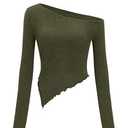 Zenlonr Womens Long Sleeve Shirts Fall Outfits 2025 Off The Shoulder Tops Asymmetrical Fitted Knit T Shirts Going Out Tops(Army Green, XX-Large)